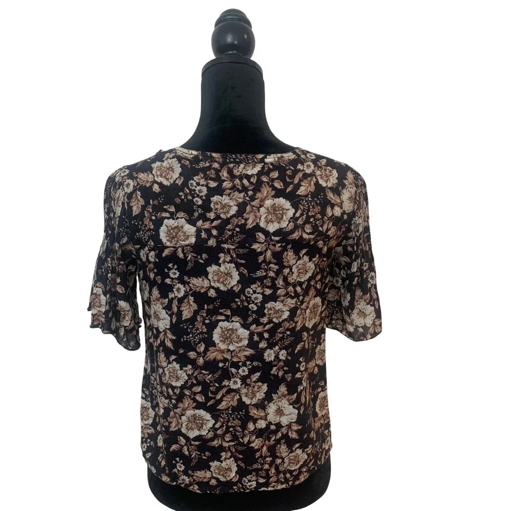 Denim & Supply Ralph Lauren Womens XS Floral Pintuck Short Sleeve Blouse Black‎